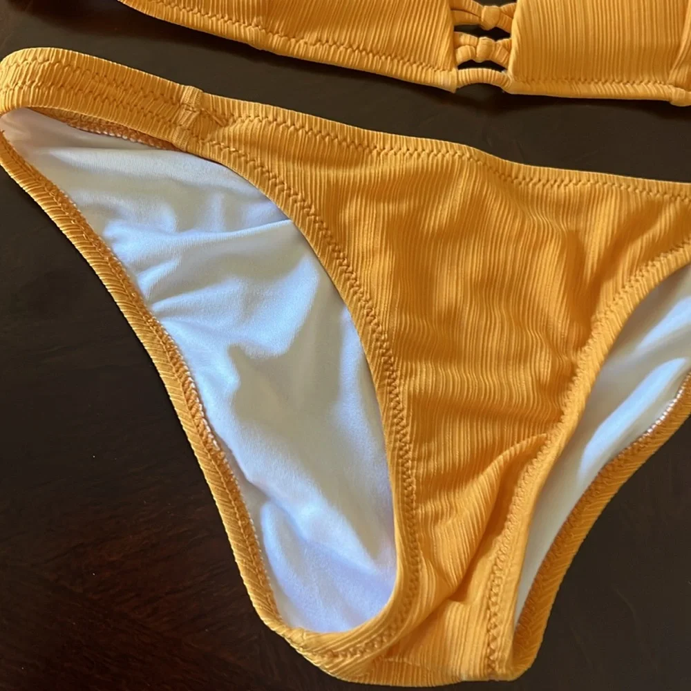 Marigold Yellow Ribbed Triangle Bikini Set Center Ladder Detail Cheeky Small - Picture 7 of 14